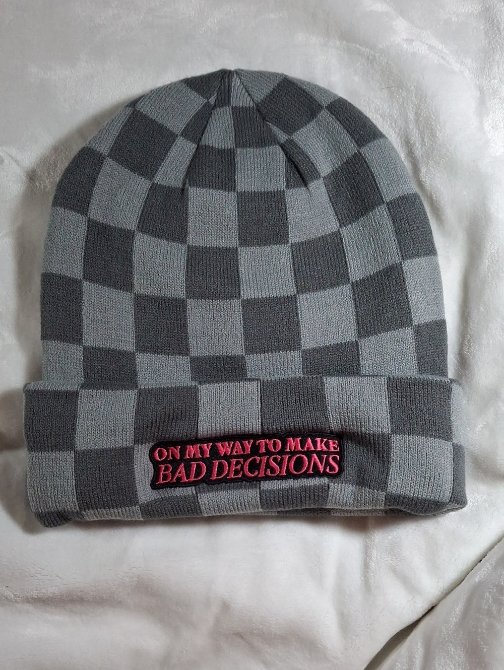 Checkerboard Knit Beanie with 'Bad Decisions' Embroidered Patch - Gray